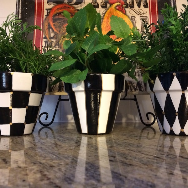 Black and white checkered pot planter, three piece set, whimsical painted planters, 4.5” terra cotta pots planters