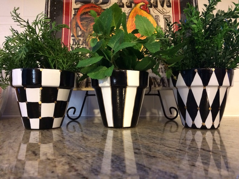 Black and white checkered pot planter, three piece set, whimsical painted planters, 4.5 terra cotta pots planters image 1