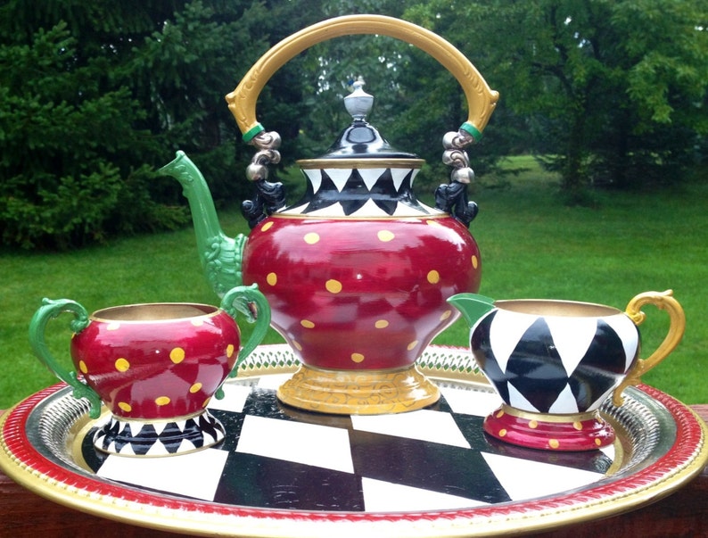 Painted Tea Set// Painted Silver Tea Set// Whimsical Painted Etsy