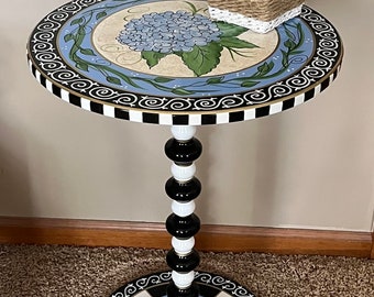 Round pedestal hydrangea blue accent table, whimsical painted table, pedestal side table, hydrangea flower table