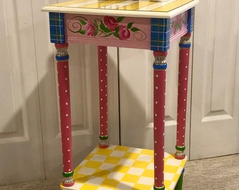 Whimsical accent table, painted side table, floral painted table, checkered table, whimsical home decor, custom painted furniture
