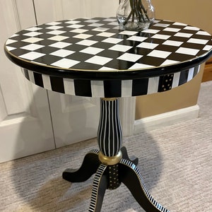 Painted pedestal round accent table, checkered side table, round side table , black and white checkered table, Alice in wonderland table image 1