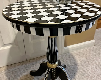 Painted pedestal round accent table, checkered side table, round side table , black and white checkered table, Alice in wonderland table