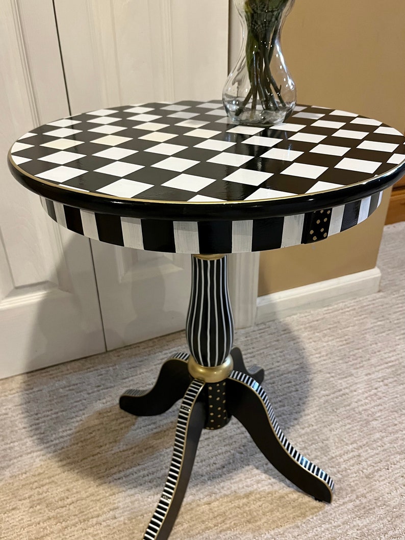 Painted pedestal round accent table, checkered side table, round side table , black and white checkered table, Alice in wonderland table image 1