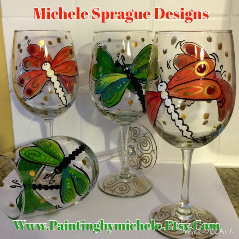 Hand Painted Dragonfly Stemware Glasses Set of 4 Glassware Etsy