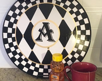 Painted harlequin Lazy Susan , black white gold whimsical painted turntable, monogrammed Lazy Susan, harlequin turntable, personalized