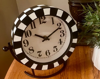 Clock table clock, round wood clock black and white checkered, whimsicalPainted wall clock, Alice in wonderland table top clock