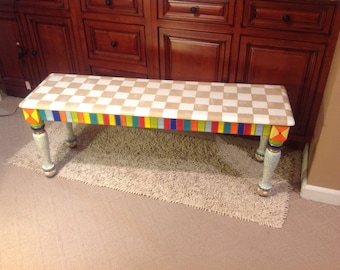 Hand Painted Farmhouse Bench, Custom Colors, Taupe White Checks