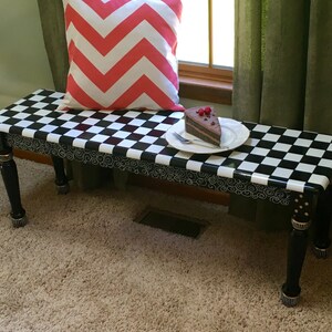 Painted Farmhouse Bench, Black and White Checkered Design, Whimsical Decor image 5