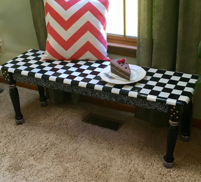 Painted Farmhouse Bench, Black and White Checkered Design, Whimsical Decor image 5
