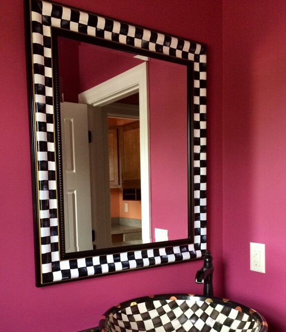 Whimsical Painted Mirror Black And White Checked Wall Hand Home Decor