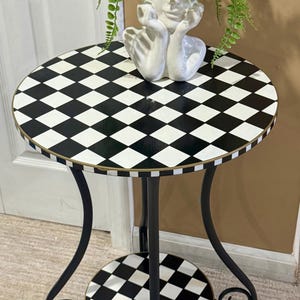 Whimsical Checkered two-tier round end table, painted metal scroll work side table, black and white side table, cocktail table, Custom table