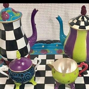 Whimsical painted tea set, silver tea set, painted tea set hand painted home decor