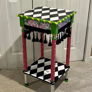Whimsical Painted Furniture, Whimsical Painted square accent Table, Whimsical Painted Furniture, Harlequin Alice in wonderland furniture