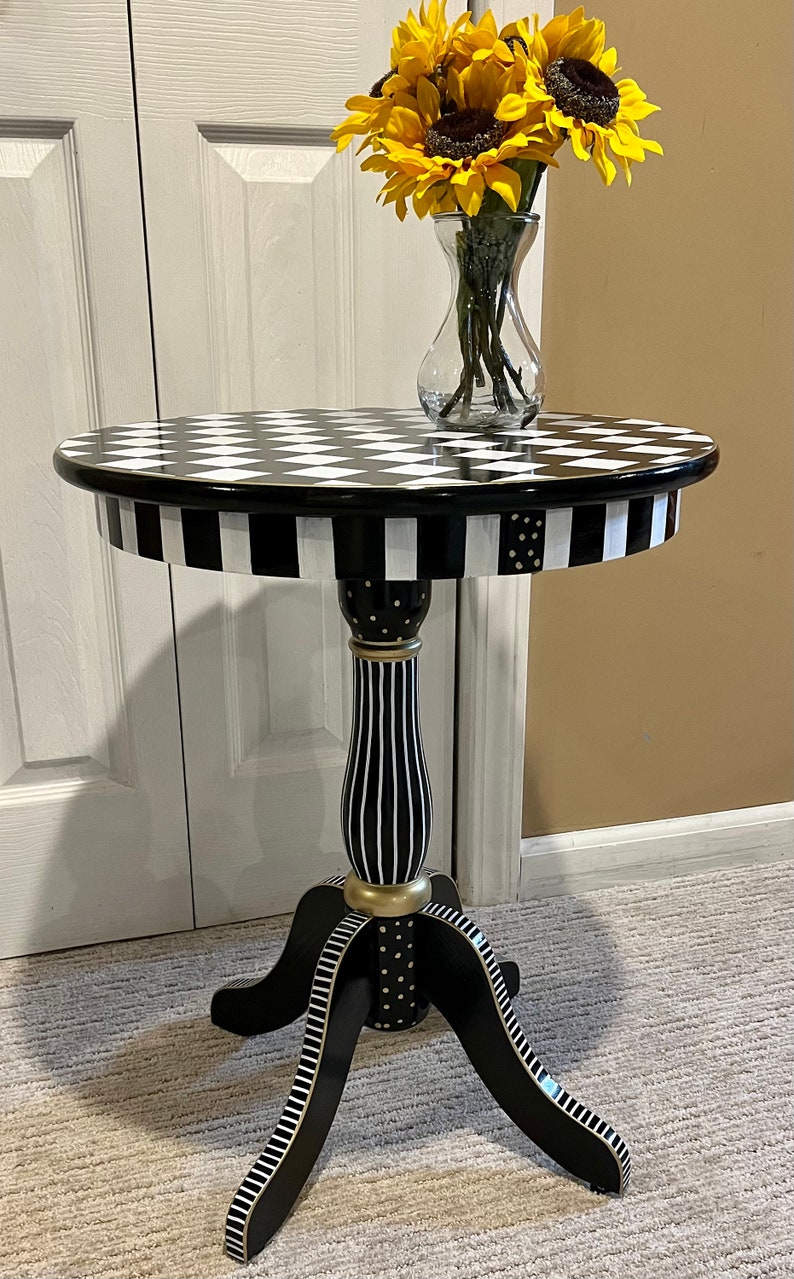 Painted pedestal round accent table, checkered side table, round side table , black and white checkered table, Alice in wonderland table image 3