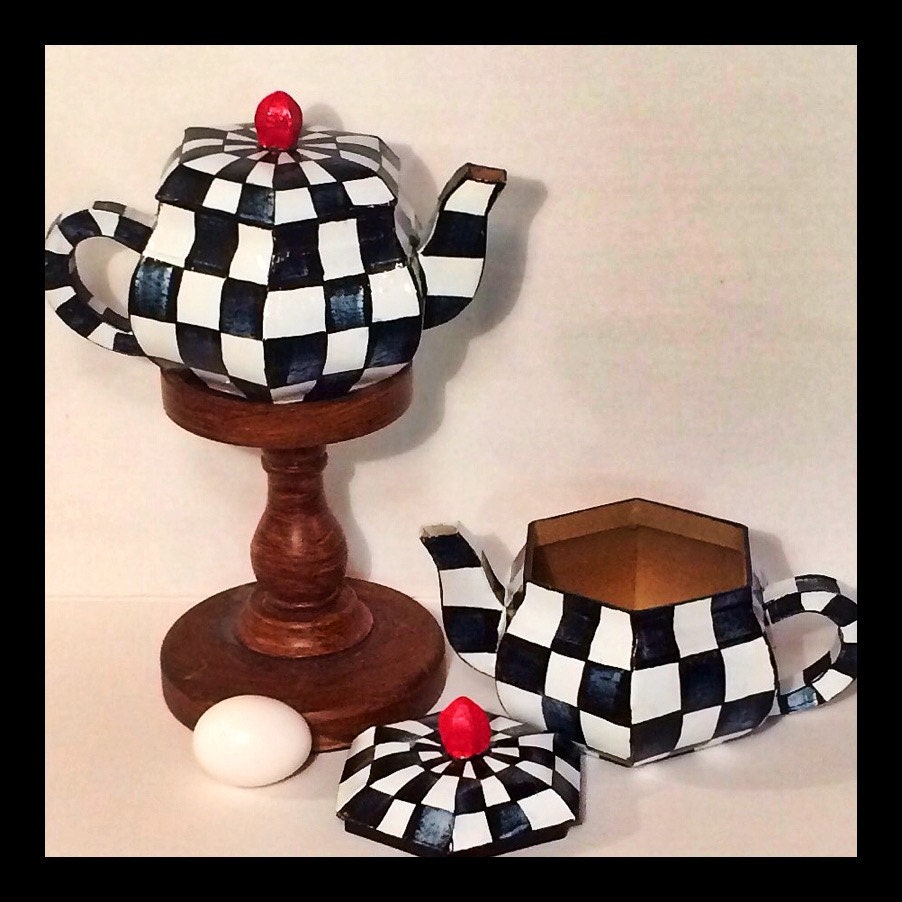 Whimsical Painted Teapot // Checkerboard Ornaments // Black Etsy