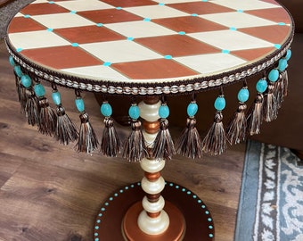 Round pedestal harlequin metallic table, whimsical painted table, pedestal side table, bronze harlequin turquoise hand painted side table