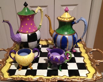 Painted Tea Set // painted Silver Tea Set // Whimsical Painted Tea Set hand painted home decor