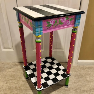 Whimsical Painted accent table Furniture, Alice in wonderland furniture, custom painted end table, custom square side table plant stand