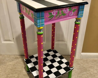 Whimsical Painted accent table Furniture, Alice in wonderland furniture, custom painted end table, custom square side table plant stand