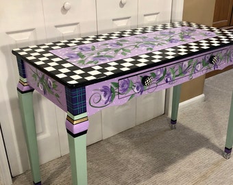 Writing desk/console table, hand painted office desk, whimsical painted table, lavender floral painted furniture, alice in wonderland