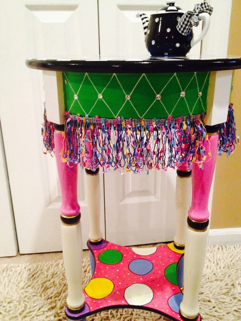 Round Accent Table With Shelf Whimsical Painted Furniture Etsy