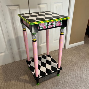 Whimsical Painted Furniture, Whimsical Painted square accent Table, Whimsical Painted Furniture, Harlequin Alice in wonderland furniture
