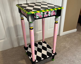 Whimsical Painted Furniture, Whimsical Painted square accent Table, Whimsical Painted Furniture, Harlequin Alice in wonderland furniture