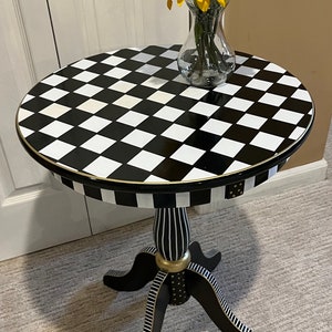 Painted pedestal round accent table, checkered side table, round side table , black and white checkered table, Alice in wonderland table image 4