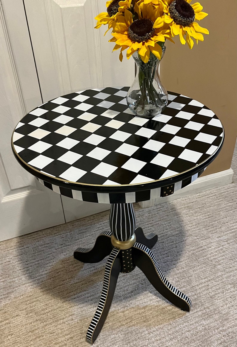 Painted pedestal round accent table, checkered side table, round side table , black and white checkered table, Alice in wonderland table image 4