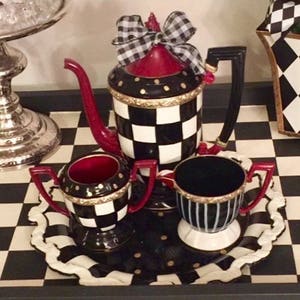 Whimsical painted tea set, silver tea set, painted tea set hand painted home decor