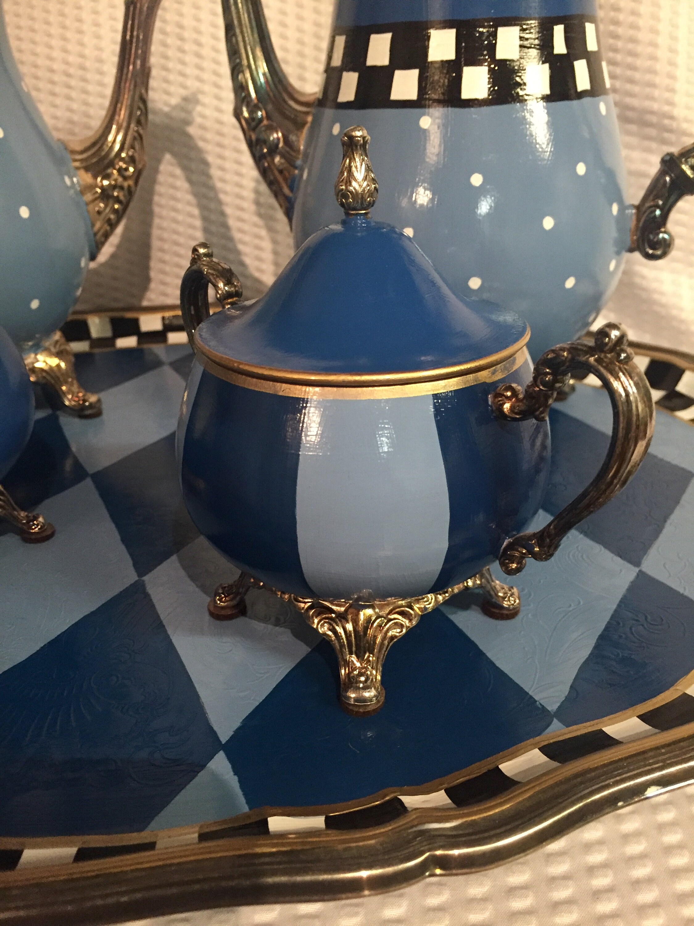 Painted Tea Set, Painted Silver Tea Set // Whimsical Painted Tea Set ...