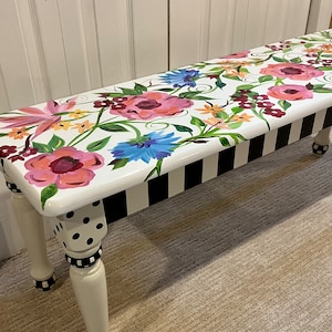 Whimsical Painted Bench Furniture, Whimsical Painted Bench, Farmhouse Bench Custom furniture, Painted Chair Painted, farmhouse bench