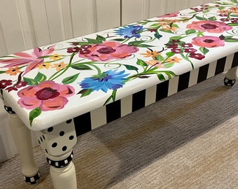 Whimsical Painted Bench Furniture, Whimsical Painted Bench, Farmhouse Bench Custom furniture, Painted Chair Painted, farmhouse bench