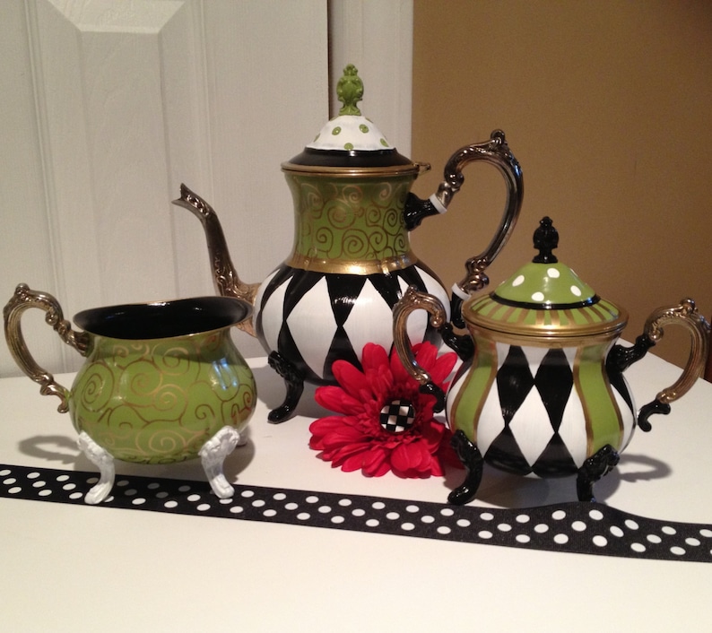 Painted Tea Set // Painted Silver Tea Set // Whimsical Painted Etsy