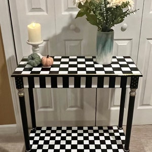 Hand Painted Console Table, Black and White Checkered, Gold Detail