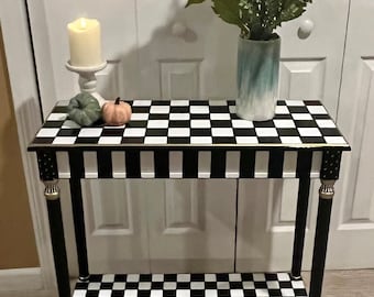 Hand Painted Console Table, Black and White Checkered, Gold Detail