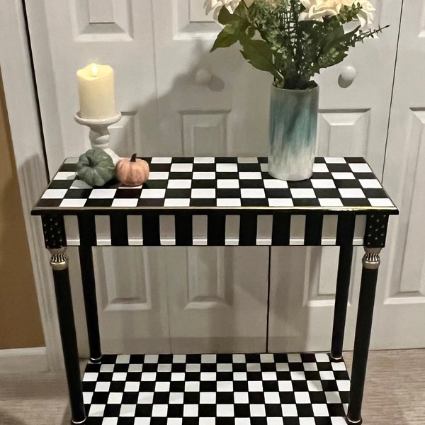 Hand Painted Console Table, Black and White Checkered, Gold Detail