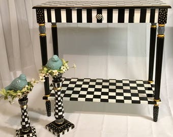 Whimsical Painted Furniture, Painted Console Table, Whimsical Painted Table, Black and white checkered Tablepainted furniture hand painted