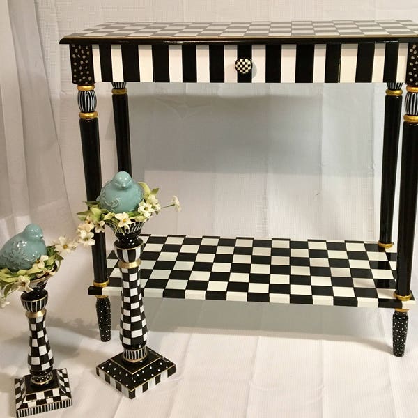 Whimsical Hand Painted Console Table, Black & White Checkered Furniture
