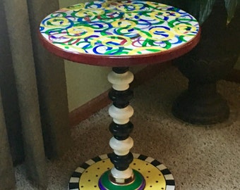 Whimsical Painted Accent Table, one (1) Round Painted Side Table, Round Pedestal Table hand painted home decor