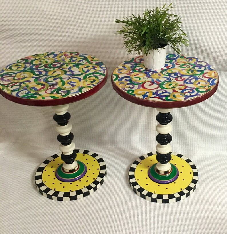 Whimsical Painted Accent Table One 1 Round Side Pedestal Hand Home Decor