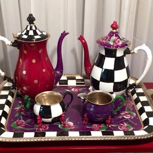 Painted Tea Set 3-piece // Whimsical Painted silver Tea Set // Silver Tea Set