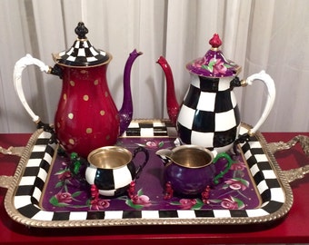 Painted Tea Set 3-piece // Whimsical Painted silver Tea Set // Silver Tea Set