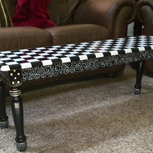 Painted Farmhouse Bench, Black and White Checkered Design, Whimsical Decor image 2