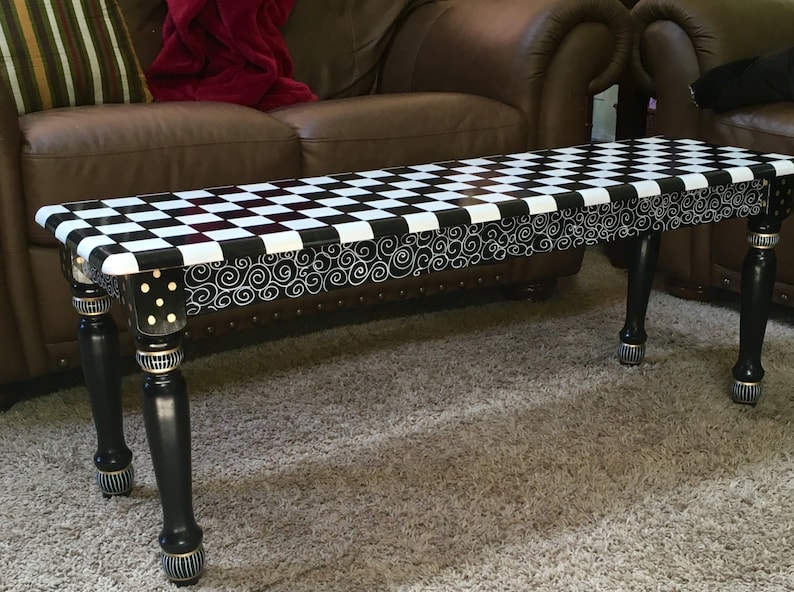 Painted Farmhouse Bench, Black and White Checkered Design, Whimsical Decor image 2