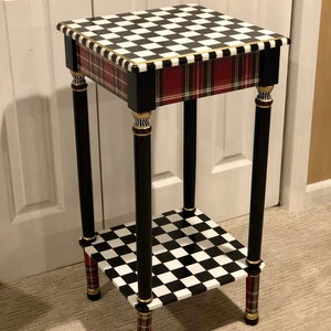 Painted accent table, plaid table, black and white checkered table, hand painted table, christmas table, scottish plaid tableed plaid table