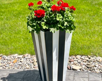 Planter pot black white striped planter, painted flower pot, whimsical planter pot, tall rectangular planter, porch planter, large planter