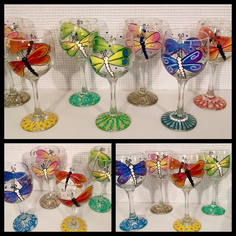 Hand Painted Dragonfly Stemware Glasses Set of 4 Glassware Etsy