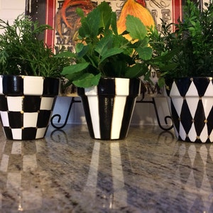 Black and white checkered pot planter, three piece set, whimsical painted planters, 4.5 terra cotta pots planters image 2